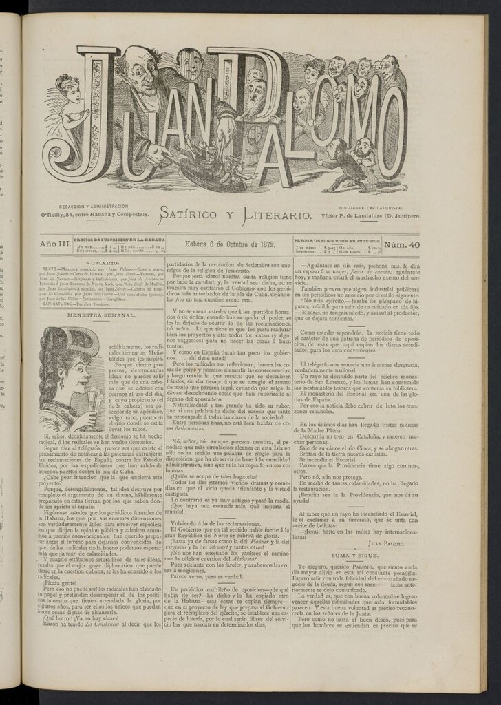 Miniatura de Juan Palomo: semanario satírico del 6 de octubre de 1872, nº 40