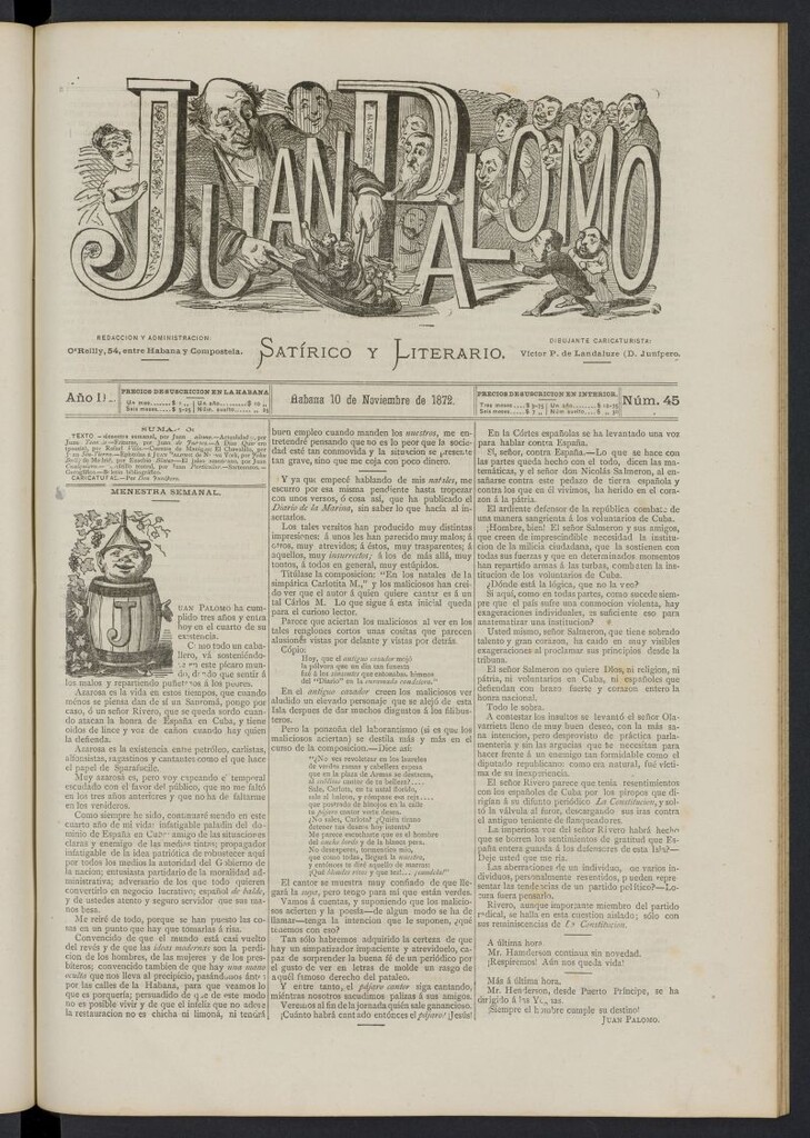 Miniatura de Juan Palomo: semanario satírico del 10 de noviembre de 1872, nº 45