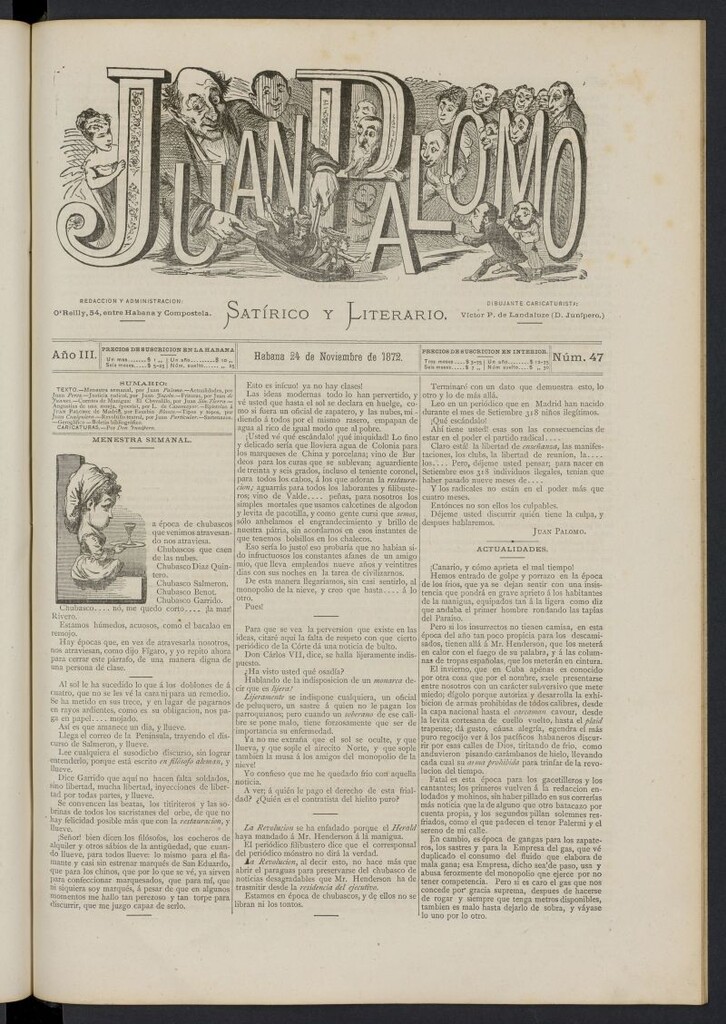 Miniatura de Juan Palomo: semanario satírico del 24 de noviembre de 1872, nº 47