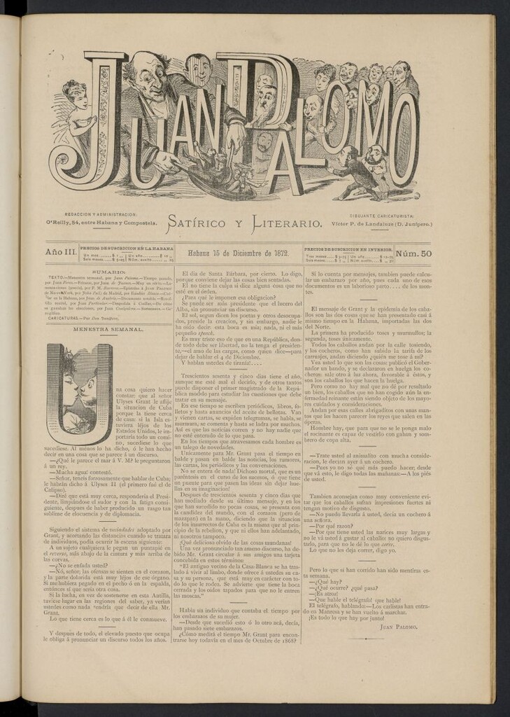 Miniatura de Juan Palomo: semanario satírico del 15 de diciembre de 1872, nº 50