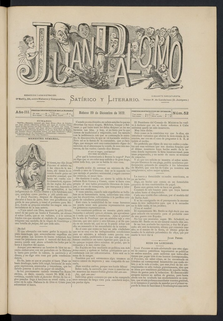 Miniatura de Juan Palomo: semanario satírico del 29 de diciembre de 1872, nº 52