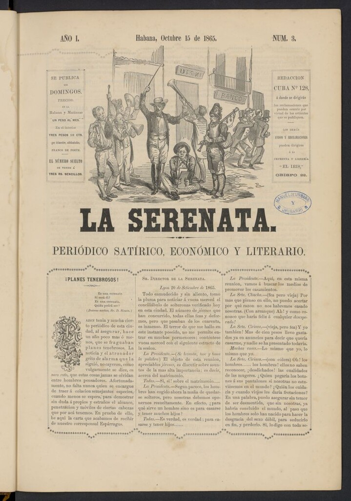 Miniatura de La Serenata: Periódico satírico, económico y literario del 15 de octubre de 1865, nº 3