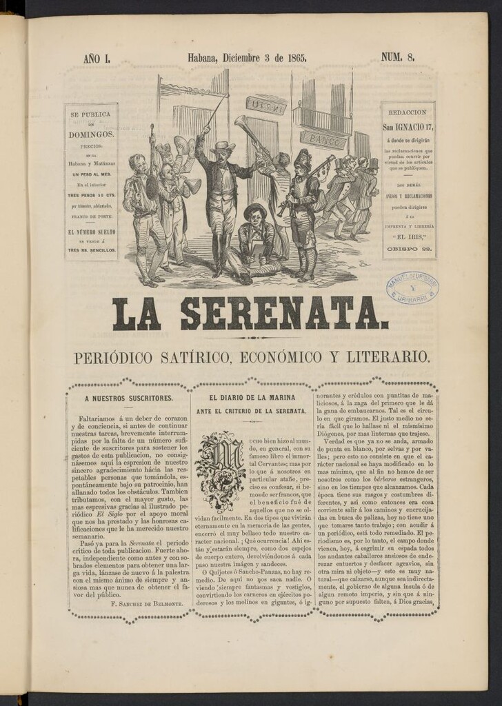 Miniatura de La Serenata: Periódico satírico, económico y literario del 3 de diciembre de 1865, nº 8