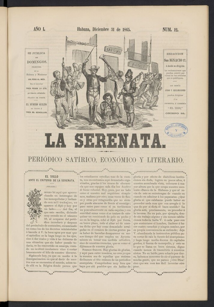 Miniatura de La Serenata: Periódico satírico, económico y literario del 31 de diciembre de 1865, nº 12