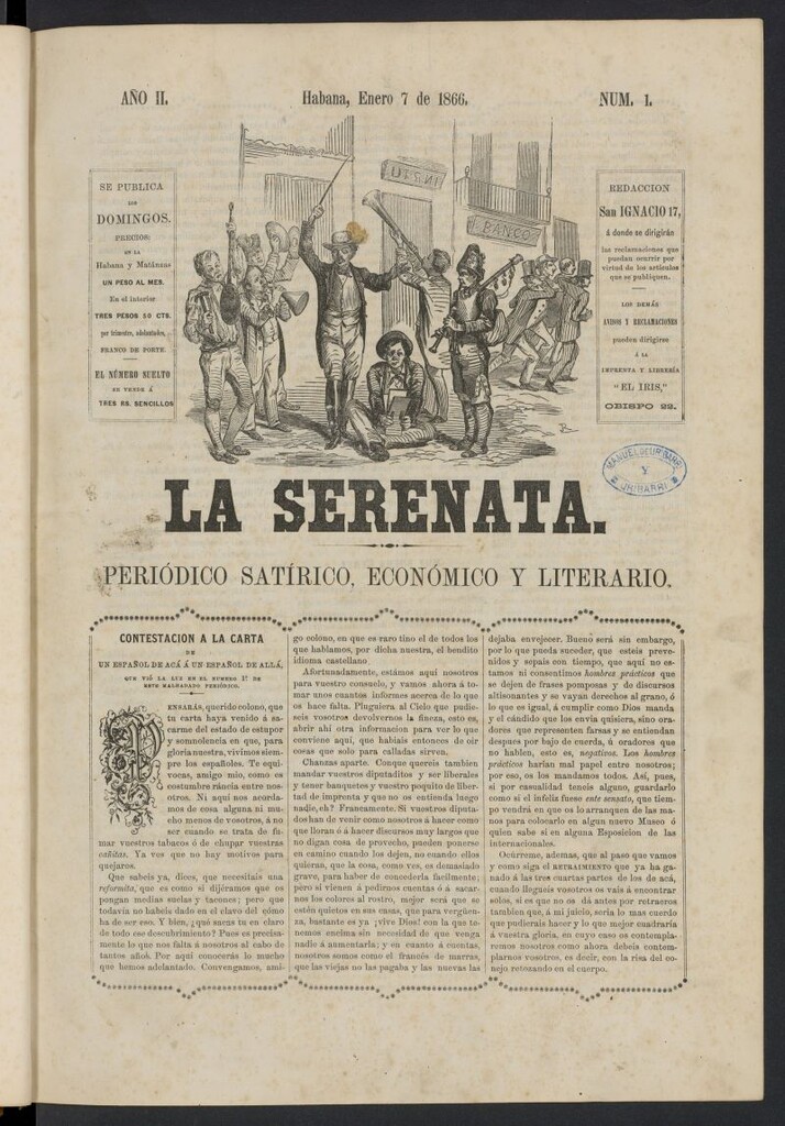 Miniatura de La Serenata: Periódico satírico, económico y literario del 7 de enero de 1866, nº 1
