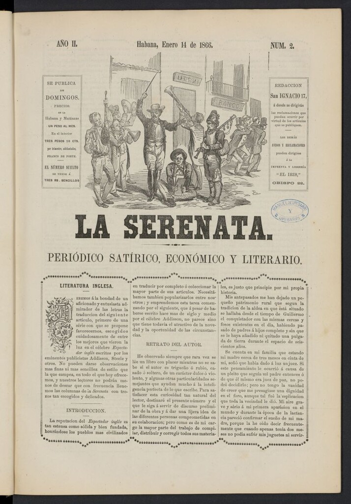 Miniatura de La Serenata: Periódico satírico, económico y literario del 14 de enero de 1866, nº 2