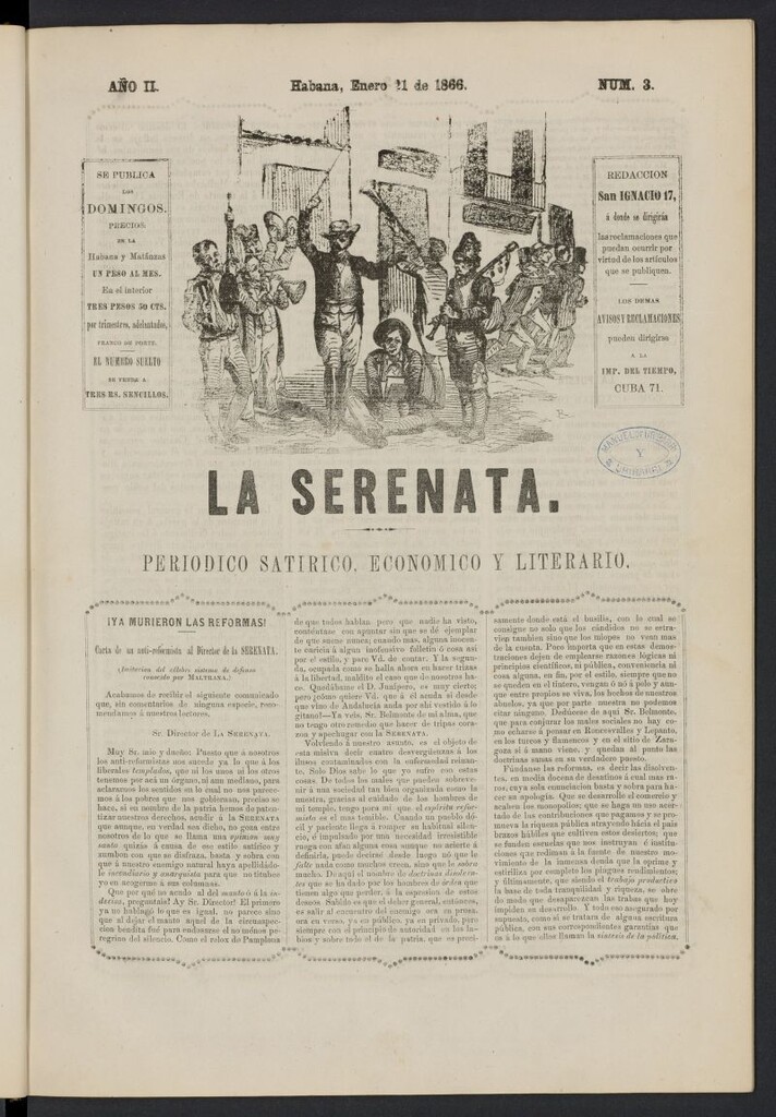 Miniatura de La Serenata: Periódico satírico, económico y literario del 21 de enero de 1866, nº 3