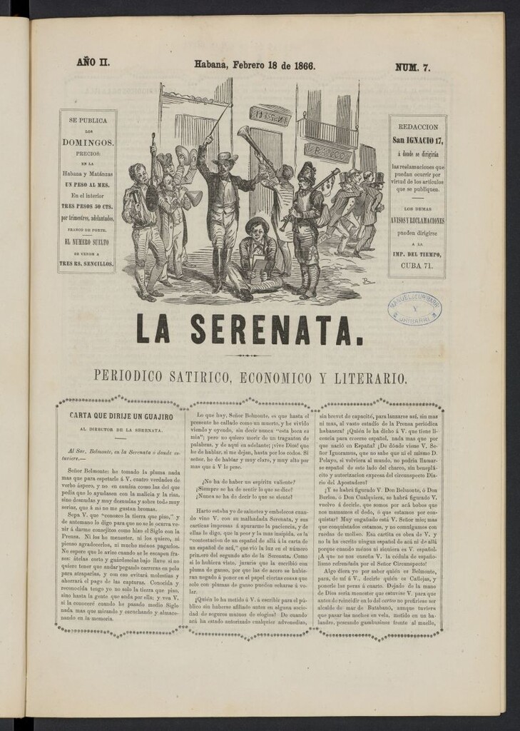 Miniatura de La Serenata: Periódico satírico, económico y literario del 18 de febrero de 1866, nº 7