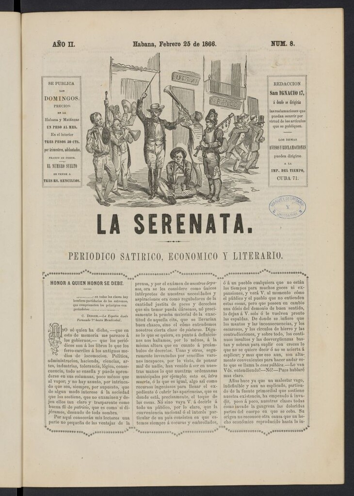 Miniatura de La Serenata: Periódico satírico, económico y literario del 25 de febrero de 1866, nº 8