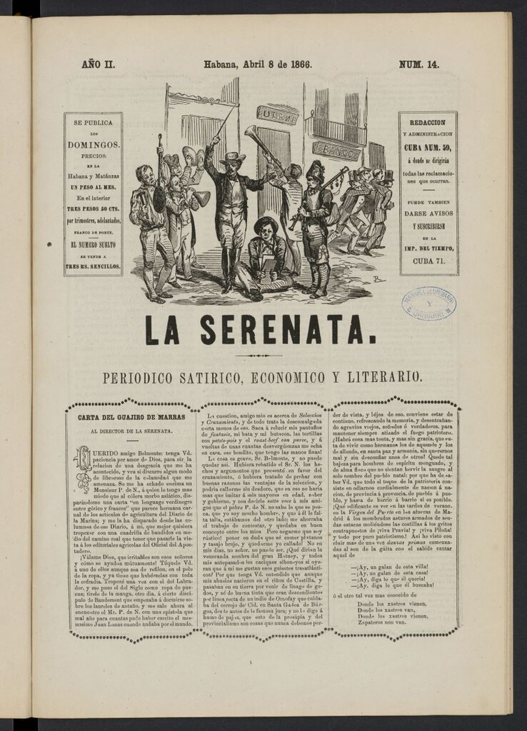 Miniatura de La Serenata: Periódico satírico, económico y literario del 8 de abril de 1866, nº 14