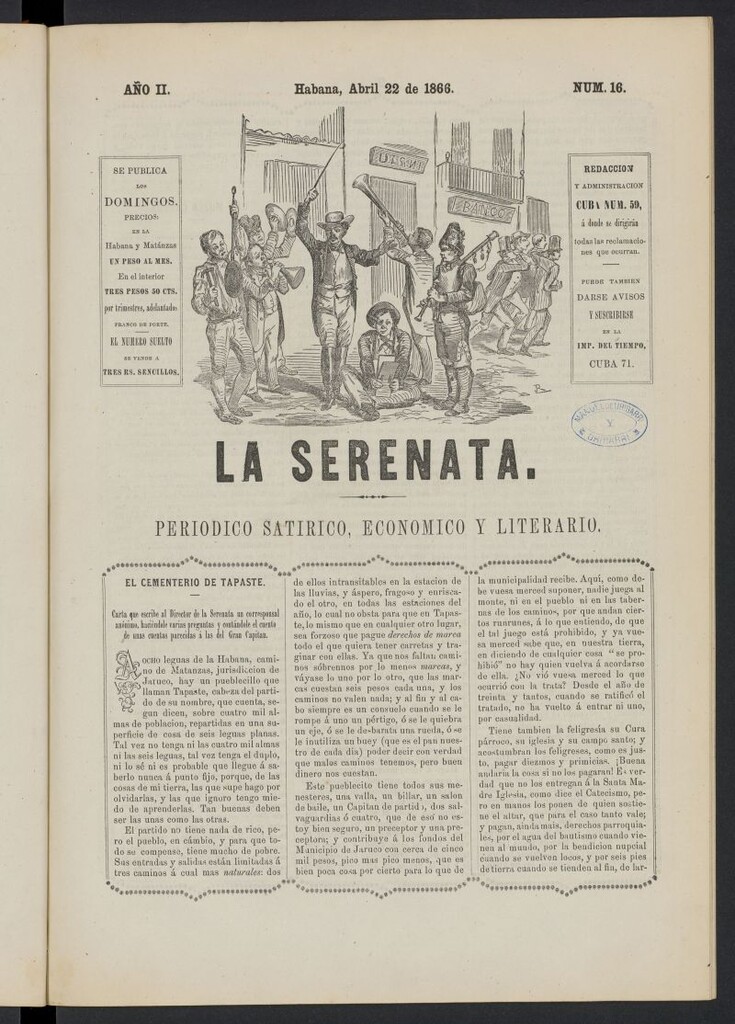 Miniatura de La Serenata: Periódico satírico, económico y literario del 22 de abril de 1866, nº 16