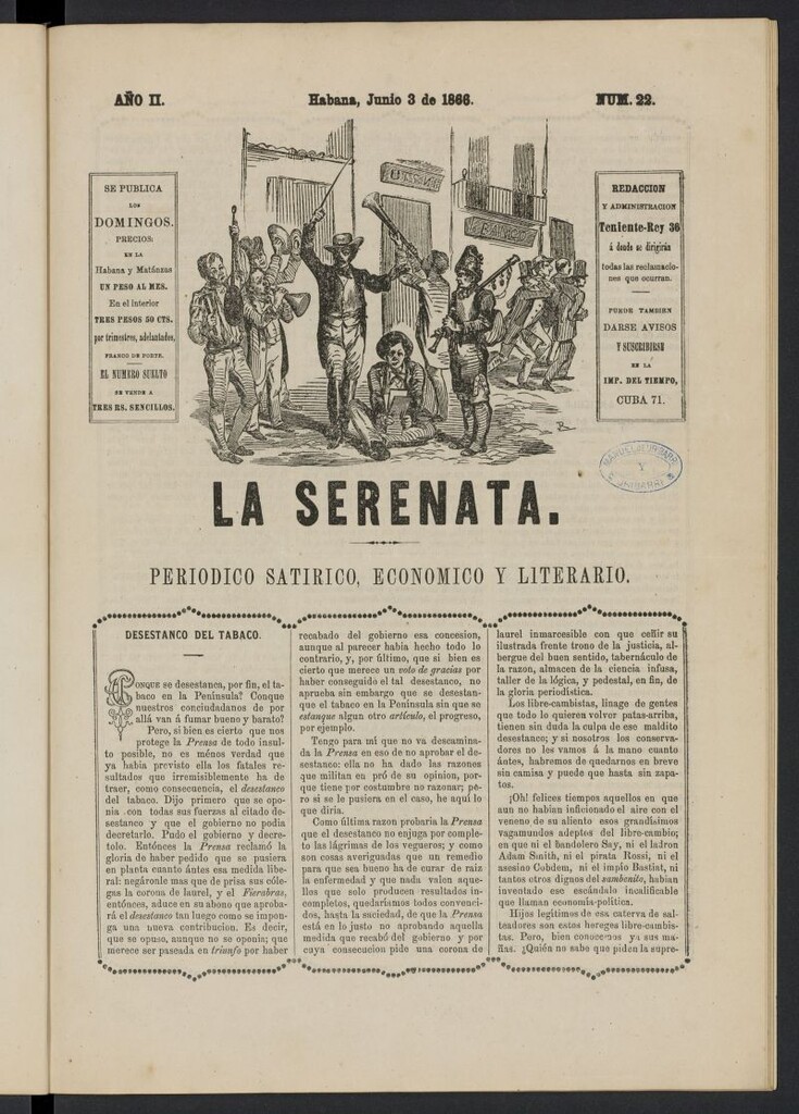 Miniatura de La Serenata: Periódico satírico, económico y literario del 3 de junio de 1866, nº 22
