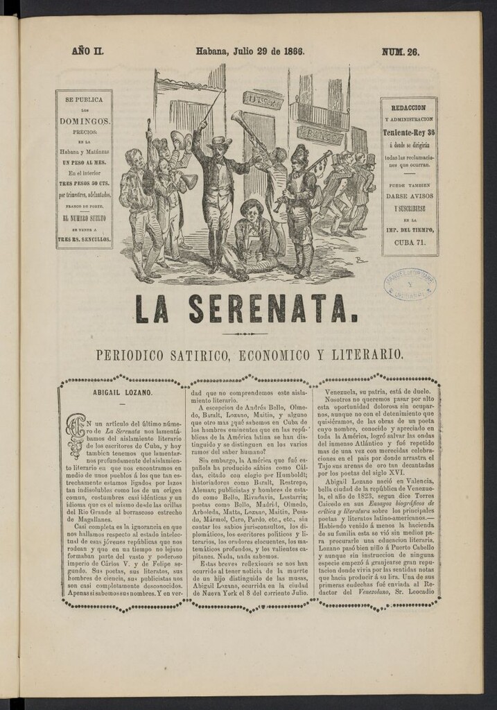 Miniatura de La Serenata: Periódico satírico, económico y literario del 29 de julio de 1866, nº 26