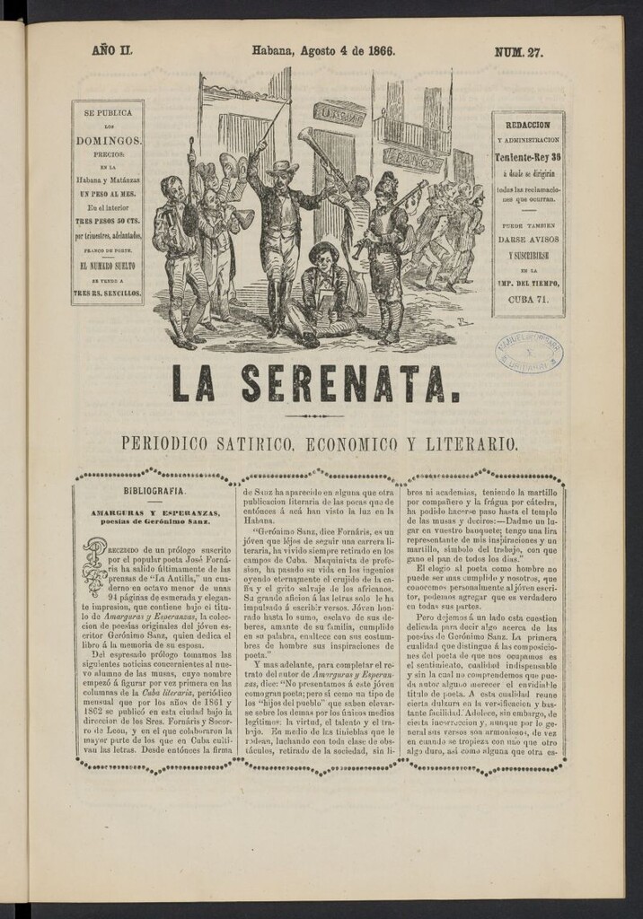 Miniatura de La Serenata: Periódico satírico, económico y literario del 4 de agosto de 1866, nº 27
