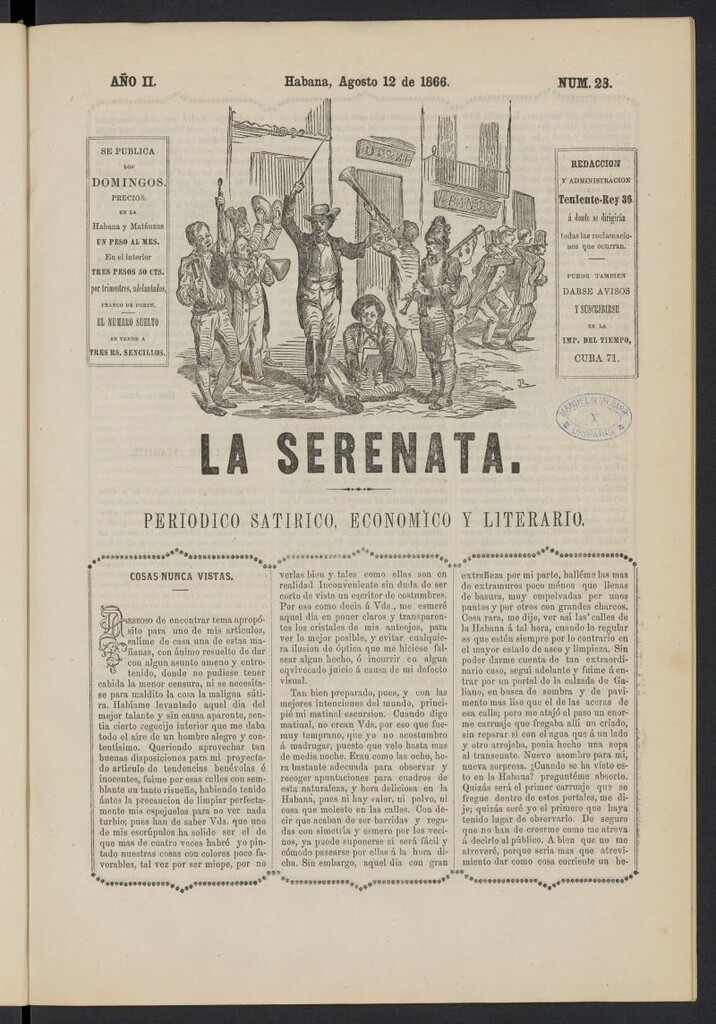 Miniatura de La Serenata: Periódico satírico, económico y literario del 12 de agosto de 1866, nº 28
