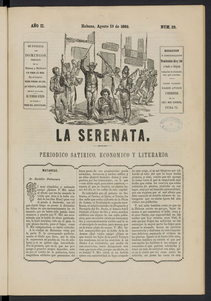 Miniatura de La Serenata: Periódico satírico, económico y literario del 18 de agosto de 1866, nº 29