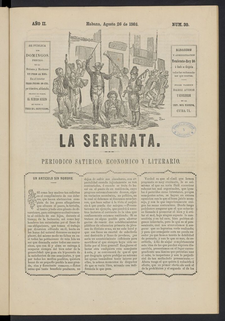 Miniatura de La Serenata: Periódico satírico, económico y literario del 26 de agosto de 1866, nº 30