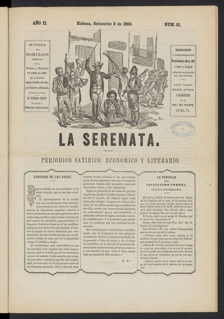 Miniatura de La Serenata: Periódico satírico, económico y literario del 2 de septiembre de 1866, nº 31