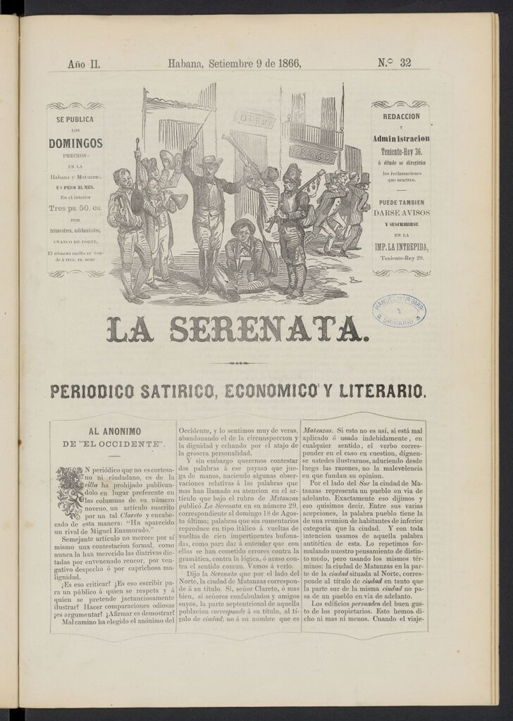 Miniatura de La Serenata: Periódico satírico, económico y literario del 9 de septiembre de 1866, nº 32