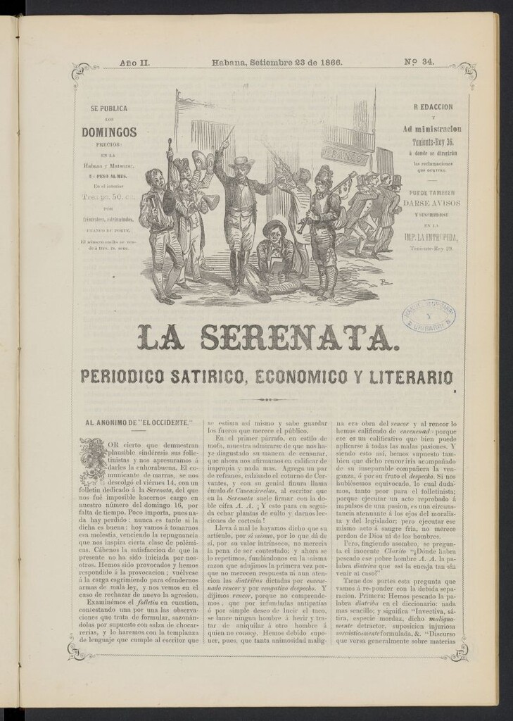 Miniatura de La Serenata: Periódico satírico, económico y literario del 23 de septiembre de 1866, nº 34
