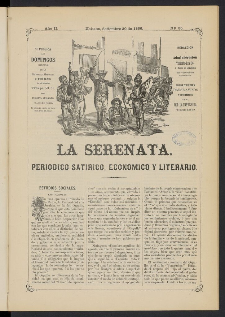 Miniatura de La Serenata: Periódico satírico, económico y literario del 30 de septiembre de 1866, nº 35