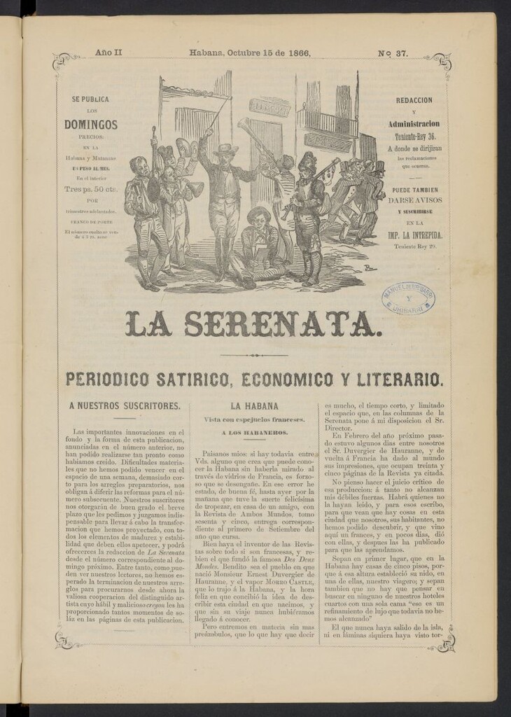 Miniatura de La Serenata: Periódico satírico, económico y literario del 15 de octubre de 1866, nº 37