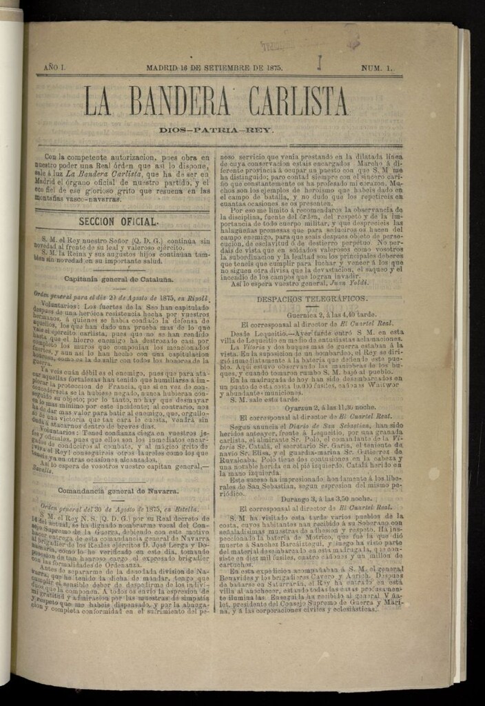 Miniatura de La Bandera Carlista: Dios, patria, rey del 16 de septiembre de 1875