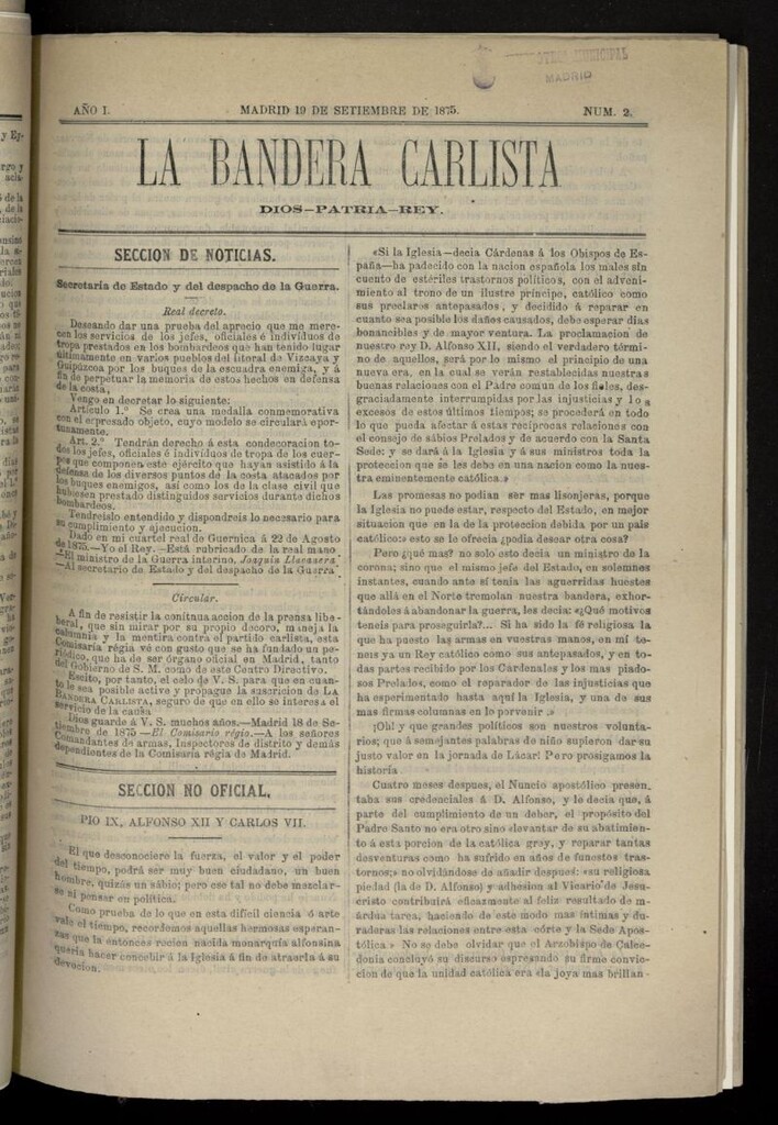 Miniatura de La Bandera Carlista: Dios, patria, rey del 19 de septiembre de 1875