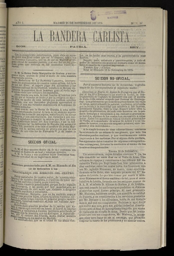 Miniatura de La Bandera Carlista: Dios, patria, rey del 25 de septiembre de 1875