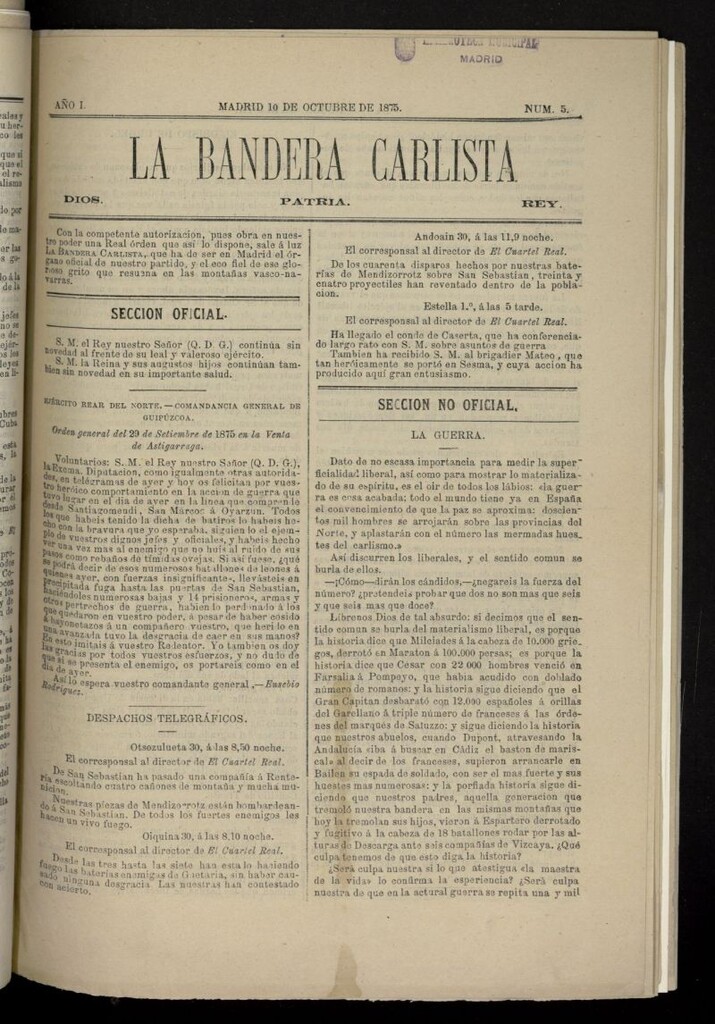 Miniatura de La Bandera Carlista: Dios, patria, rey del 10 de octubre de 1875