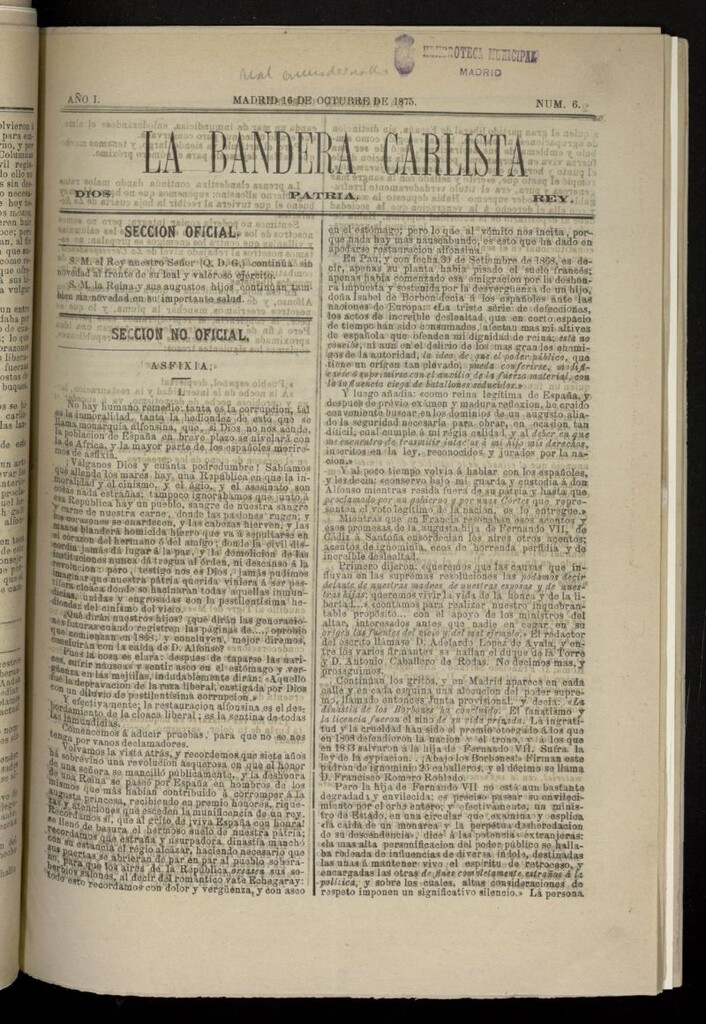 Miniatura de La Bandera Carlista: Dios, patria, rey del 16 de octubre de 1875