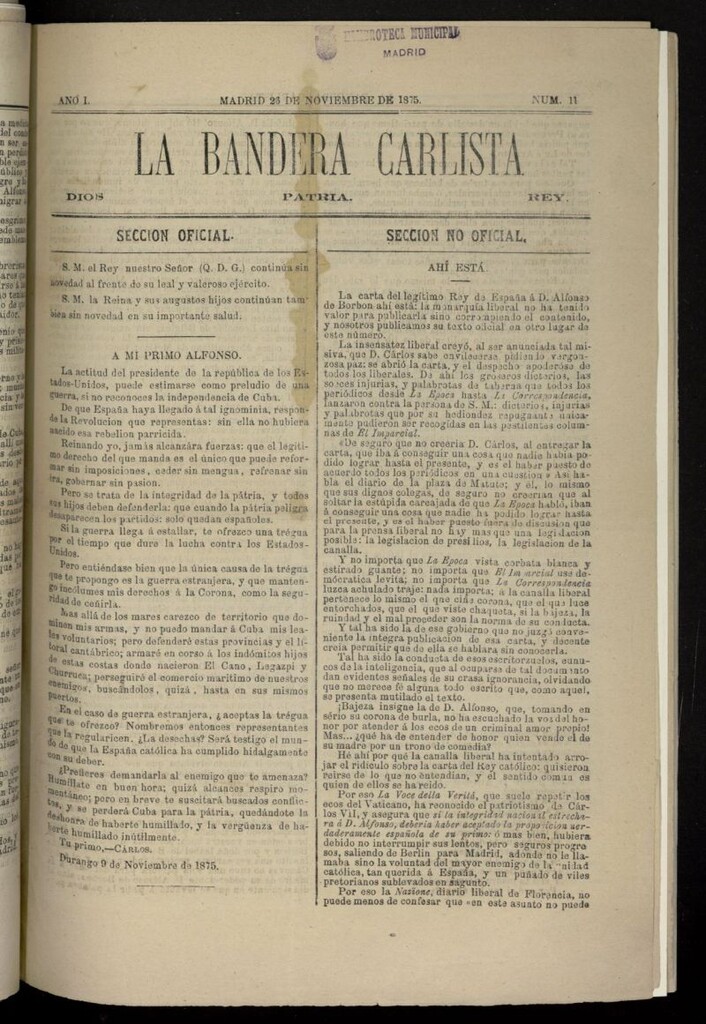 Miniatura de La Bandera Carlista: Dios, patria, rey del 26 de noviembre de 1875