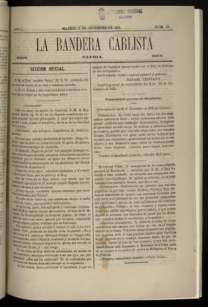 Miniatura de La Bandera Carlista: Dios, patria, rey del 11 de diciembre de 1875
