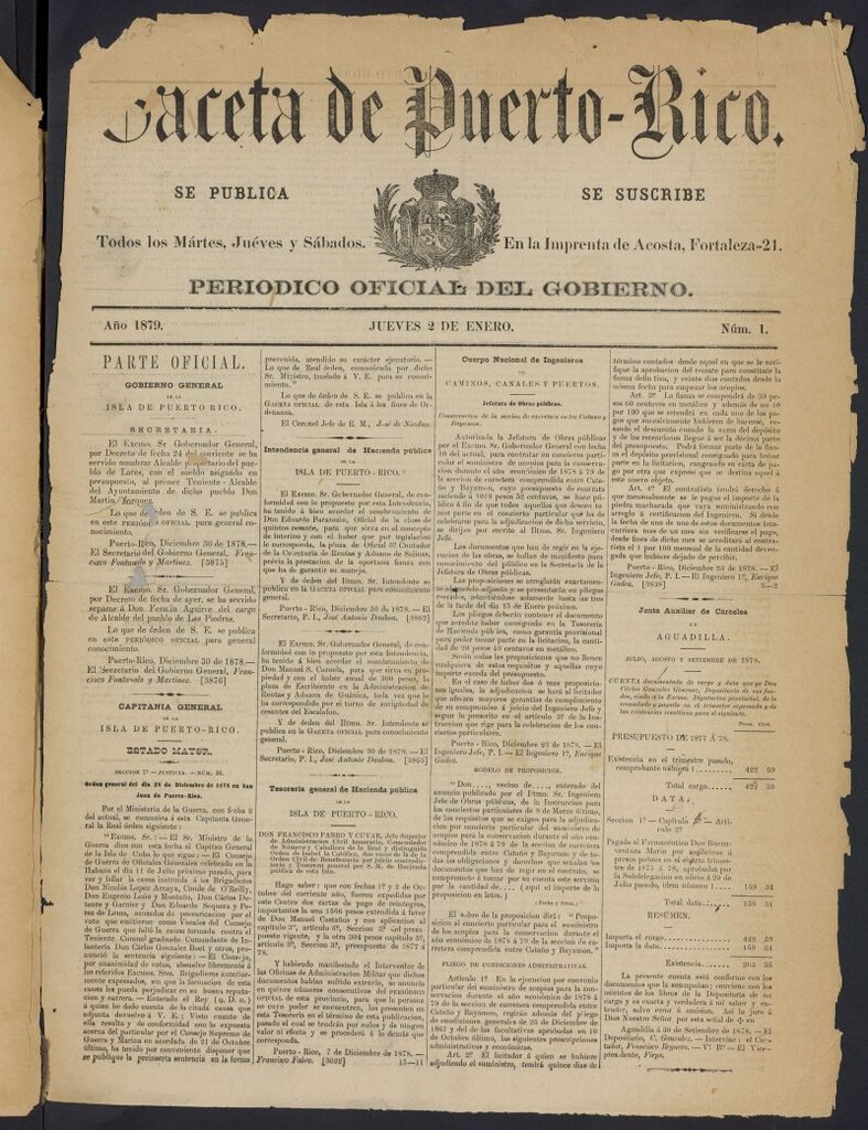 Miniatura de Gaceta de Puerto Rico: periódico oficial del gobierno del 2 de enero de 1880, nº 1 [sic]