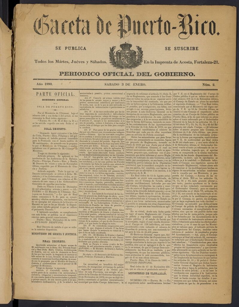 Miniatura de Gaceta de Puerto Rico: periódico oficial del gobierno del 3 de enero de 1880, nº 2