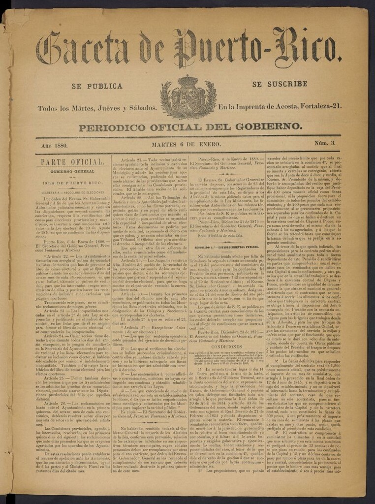 Miniatura de Gaceta de Puerto Rico: periódico oficial del gobierno del 6 de enero de 1880, nº 3