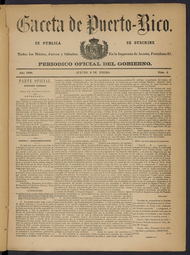 Miniatura de Gaceta de Puerto Rico: periódico oficial del gobierno del 8 de enero de 1880, nº 4