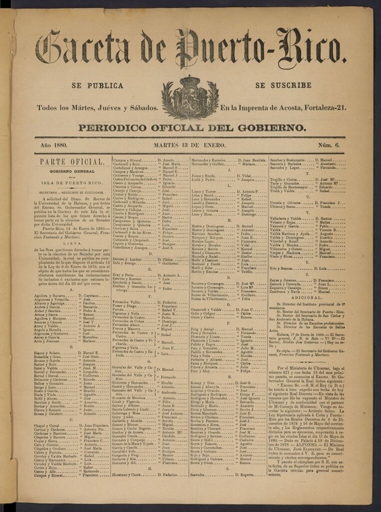 Miniatura de Gaceta de Puerto Rico: periódico oficial del gobierno del 13 de enero de 1880, nº 6