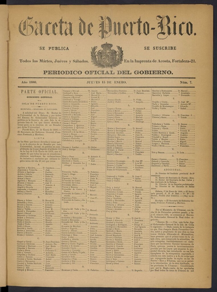 Miniatura de Gaceta de Puerto Rico: periódico oficial del gobierno del 15 de enero de 1880, nº 7