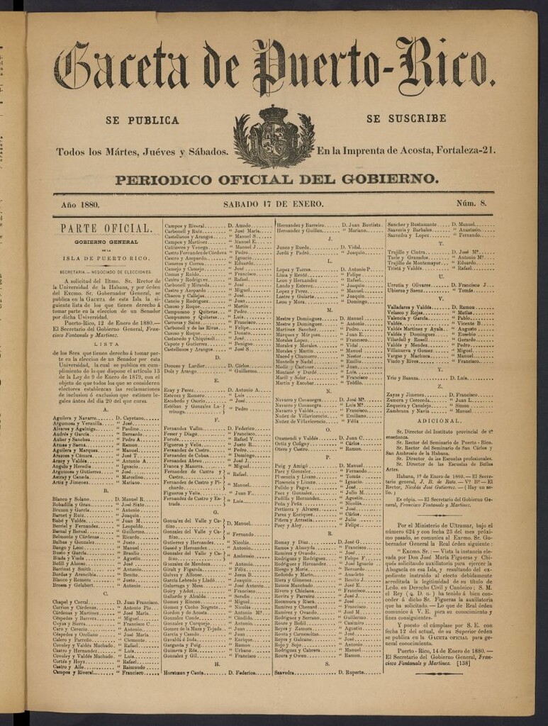 Miniatura de Gaceta de Puerto Rico: periódico oficial del gobierno 17 de enero de 1880, nº 8