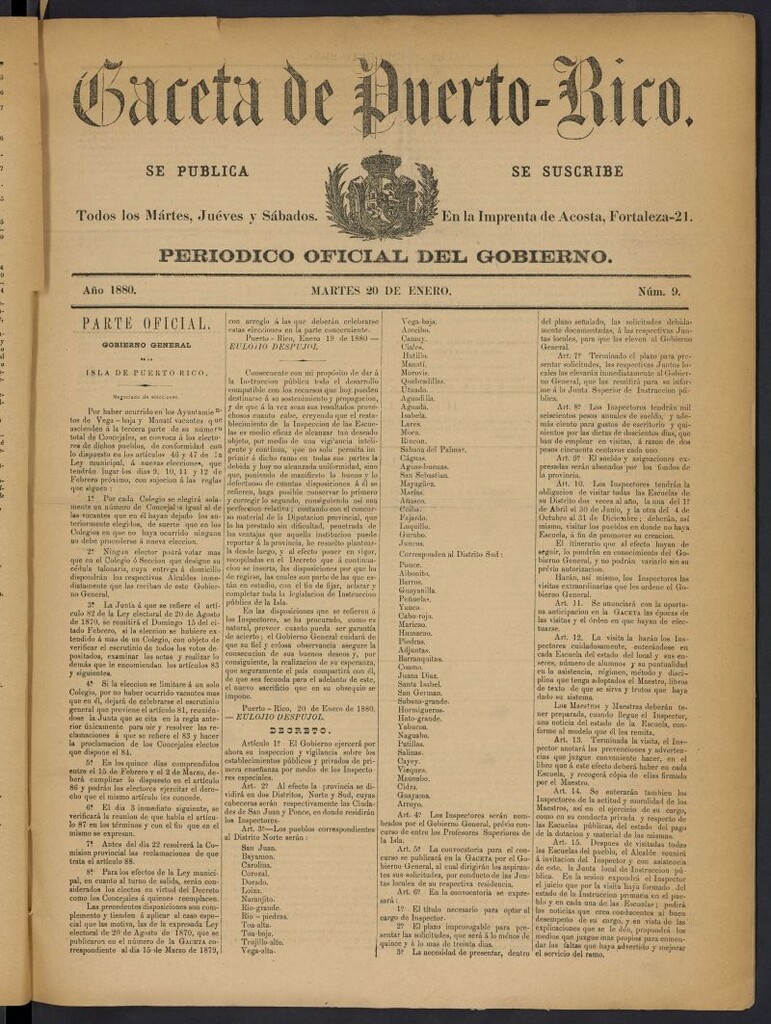 Miniatura de Gaceta de Puerto Rico: periódico oficial del gobierno del 20 de enero de 1880, nº 9