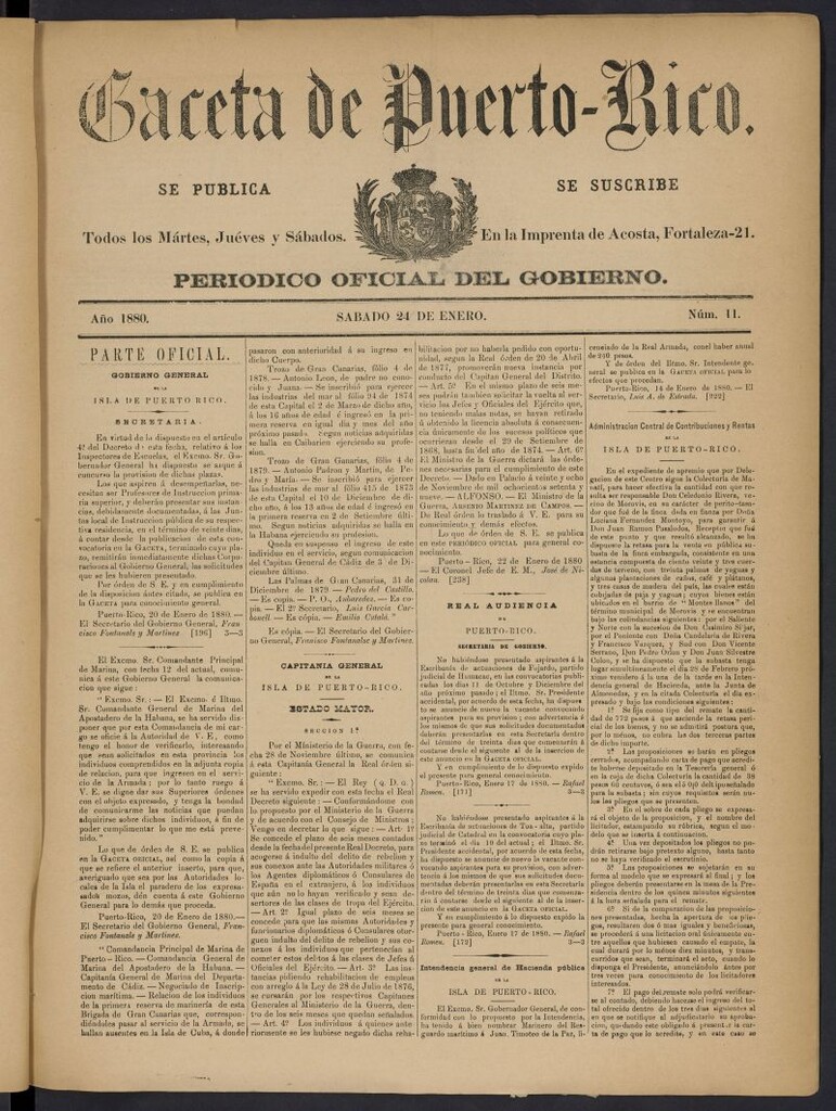 Miniatura de Gaceta de Puerto Rico: periódico oficial del gobierno del 24 de enero de 1880, nº 11