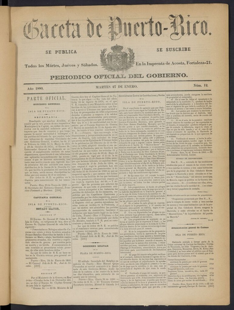 Miniatura de Gaceta de Puerto Rico: periódico oficial del gobierno del 27 de enero de 1880, nº 12