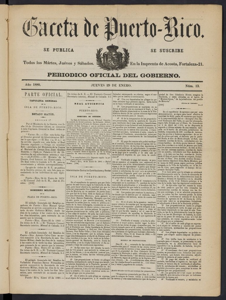 Miniatura de Gaceta de Puerto Rico: periódico oficial del gobierno del 29 de enero de 1880, nº 13