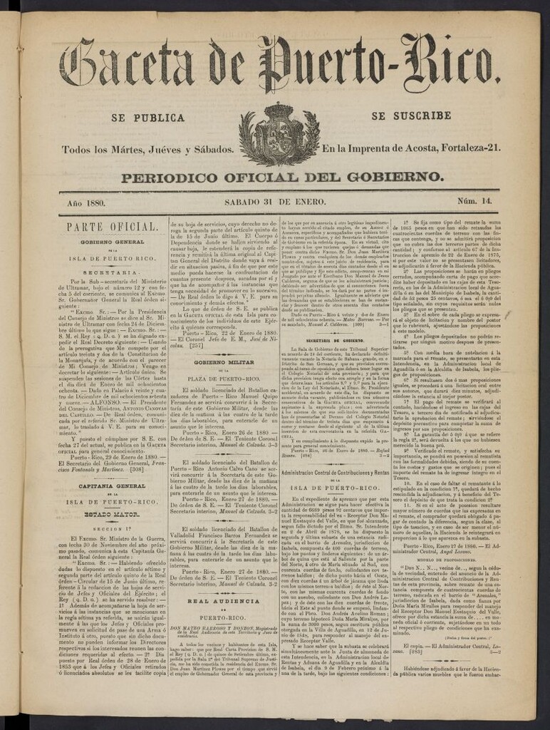 Miniatura de Gaceta de Puerto Rico: periódico oficial del gobierno del 31 de enero de 1880, nº 14