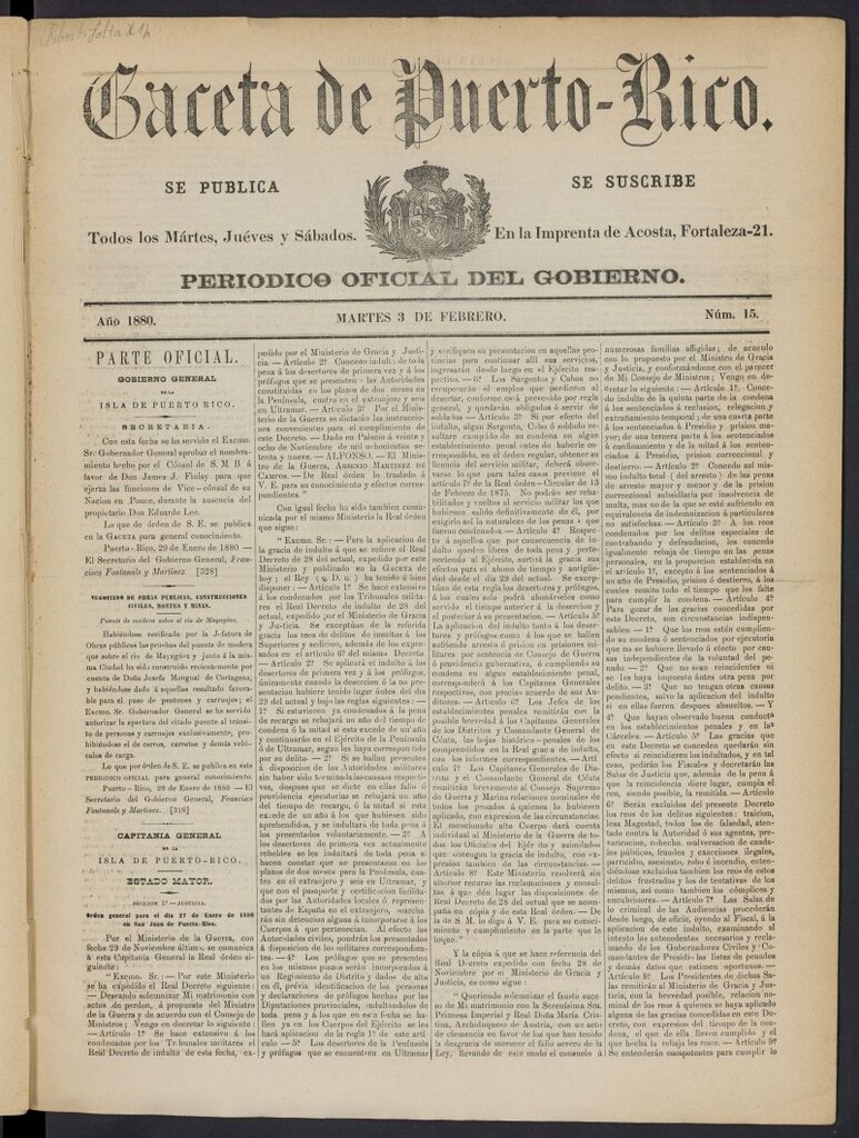 Miniatura de Gaceta de Puerto Rico: periódico oficial del gobierno del 3 de febrero de 1880, nº 15
