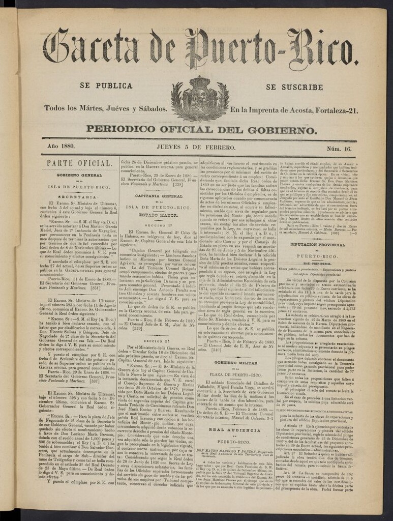 Miniatura de Gaceta de Puerto Rico: periódico oficial del gobierno del 5 de febrero de 1880, nº 16