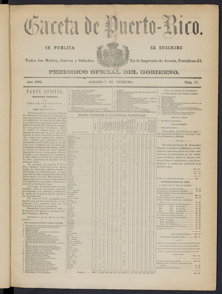 Miniatura de Gaceta de Puerto Rico: periódico oficial del gobierno del 7 de febrero de 1880, nº 17