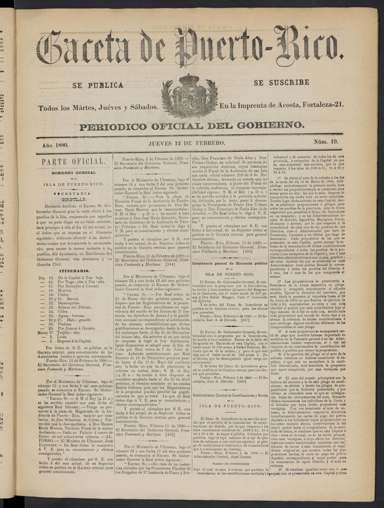 Miniatura de Gaceta de Puerto Rico: periódico oficial del gobierno del 12 de febrero de 1880, nº 19