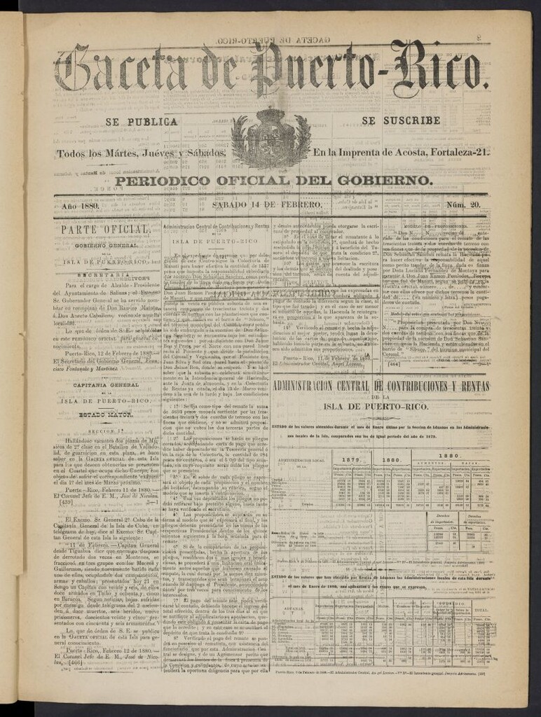 Miniatura de Gaceta de Puerto Rico: periódico oficial del gobierno del 14 de febrero de 1880, nº 20